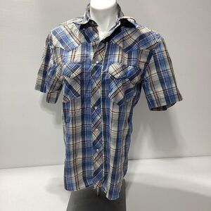 Rustler Wrangler Western Shirt Pearl Snap Blue Plaid Short Sleeve S Men’s